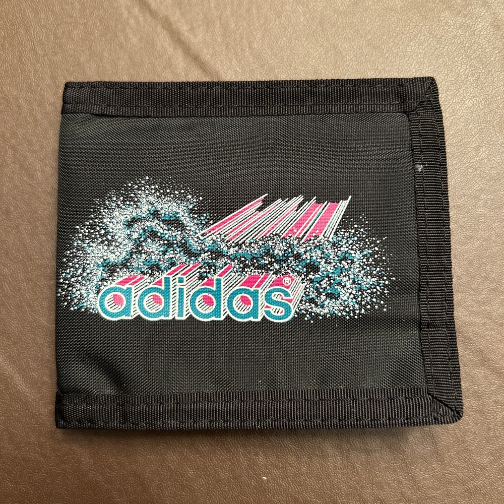 Vintage adidas spell out black Velcro wallet. Euc